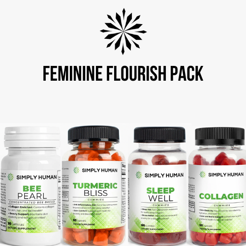 Elevate your feminine journey with our carefully curated Feminine Flourish Pack. This comprehensive bundle includes supplements for hormonal balance, anti-inflammatory support, restful sleep, and vibrant skin &amp; hair. Embrace the power of holistic self-care and radiate from within with our nourishing pack.